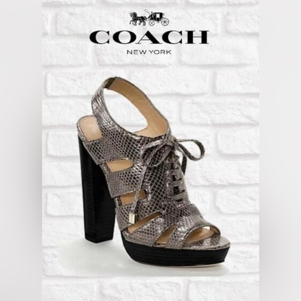 COACH Moreen Metallic Pewter Leather Sandal Size 8.5 Lace Up Slingback High Heel